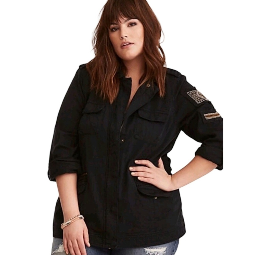 Torrid Womens Washed Black Beaded Military Field Utility Jacket Size 3 3X Plus